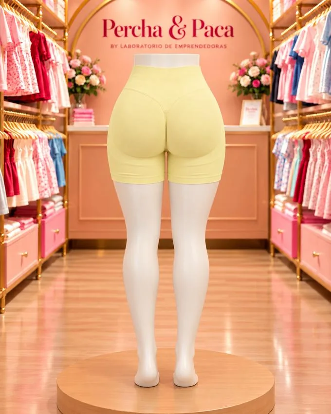 Short ciclista amarillo, espalda en la vitrina de Percha & Paca
