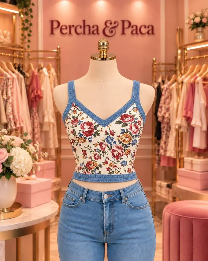Top floral con ribete de jean en la vitrina de Percha & Paca
