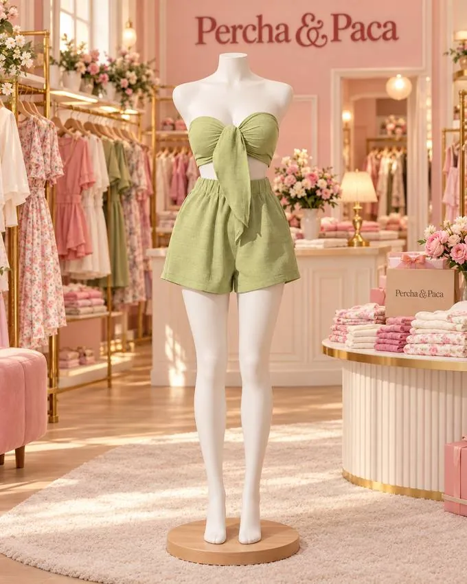 Set verde de top con nudo en la vitrina de Percha & Paca