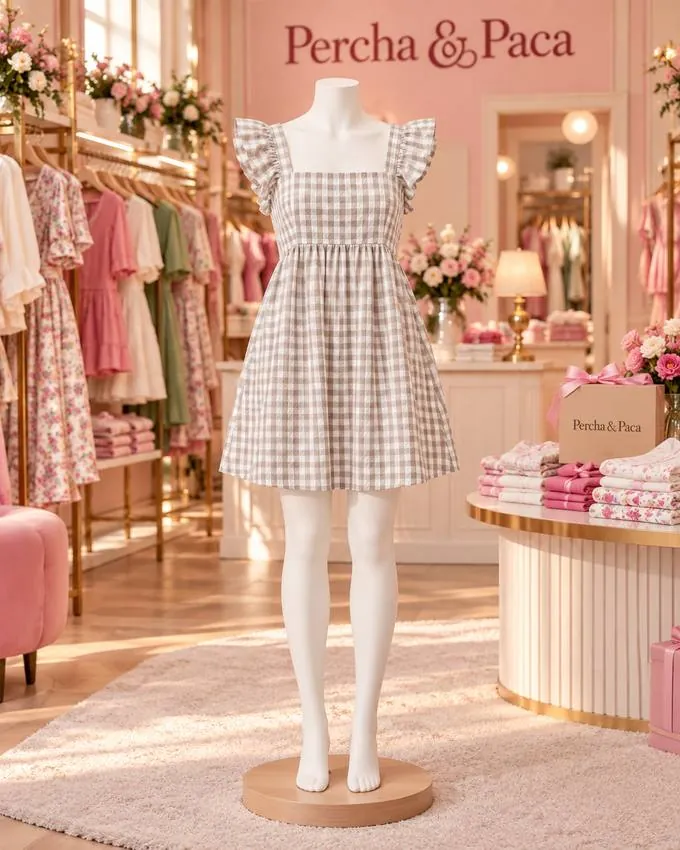 Vestido vichy beige con lazo en la espalda, frente en la vitrina de Percha & Paca