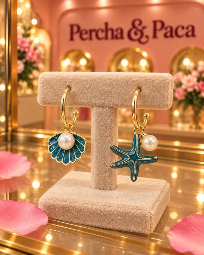 Aretes concha y estrella azul en la vitrina de Percha & Paca