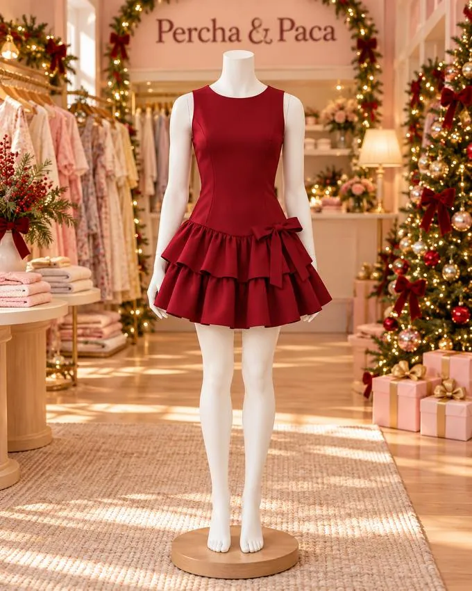 Vestido vino con volantes y lazo en la vitrina de Percha & Paca