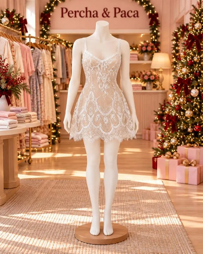 Vestido de encaje blanco en la vitrina de Percha & Paca