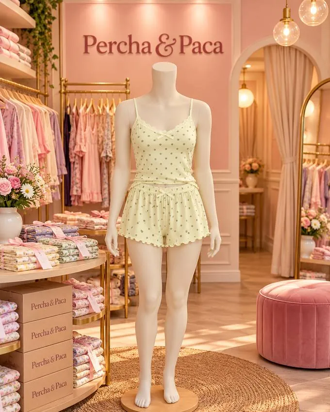 Set amarillo con encaje en la vitrina de Percha & Paca