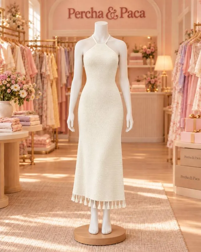 Vestido largo crema de punto con borlas, frente en la vitrina de Percha & Paca