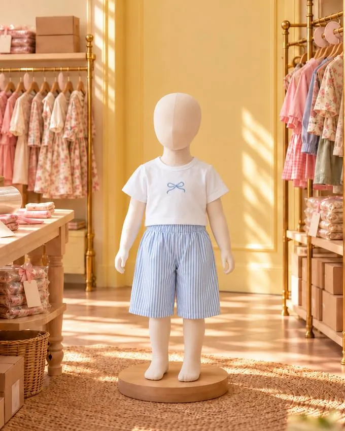 Polo con lazo y pantalón a rayas en la vitrina de Percha & Paca