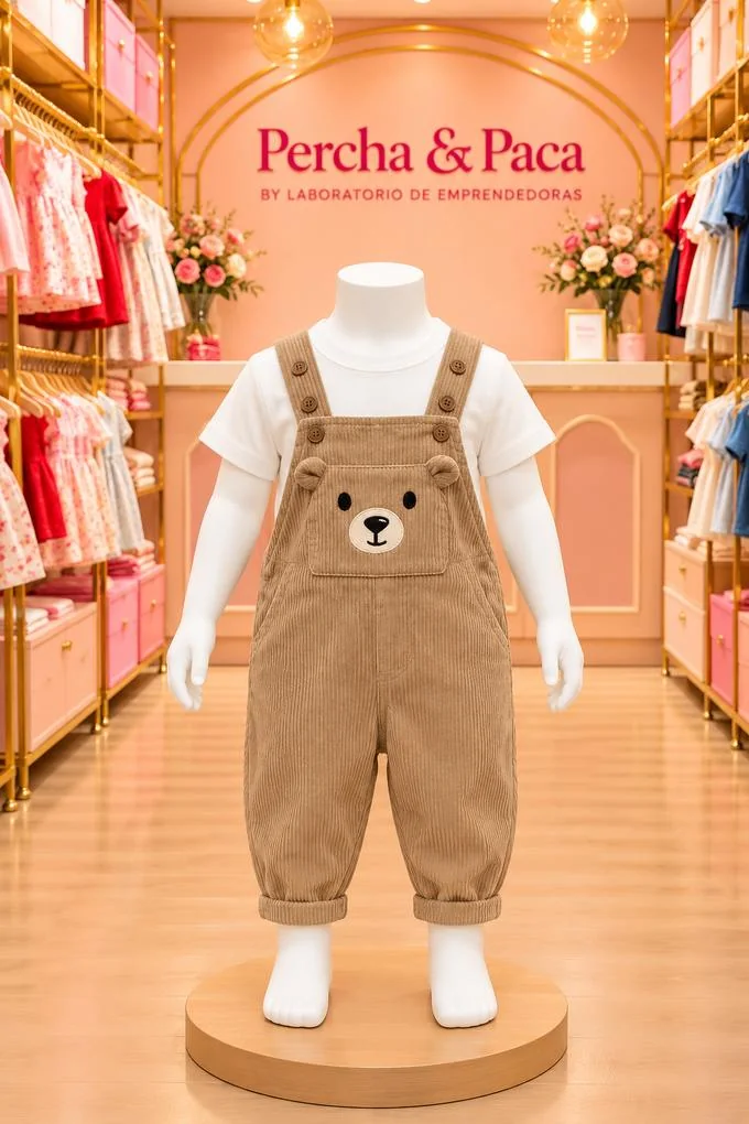 Corduroy beige con carita de osito en la vitrina de Percha & Paca