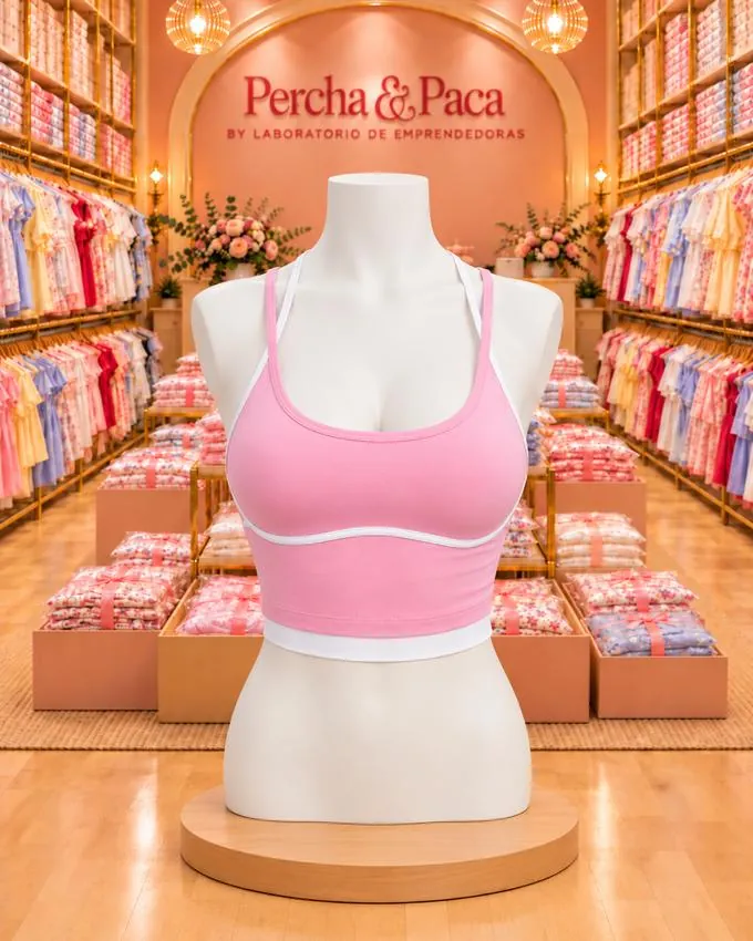 Top deportivo rosado con ribete en la vitrina de Percha & Paca