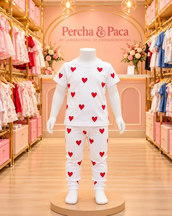 Corazones rojos con pantalón en la vitrina de Percha & Paca