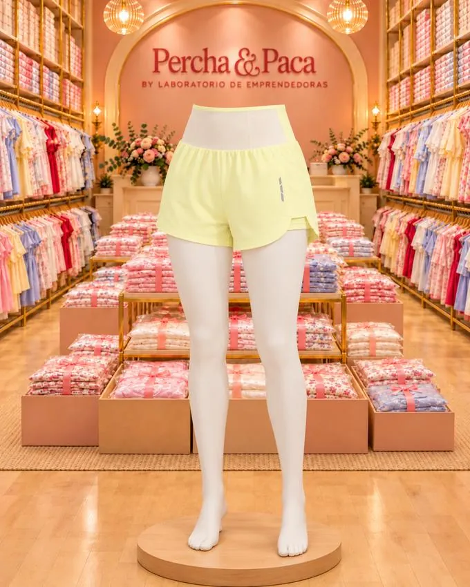 Short amarillo 2 en 1 en la vitrina de Percha & Paca