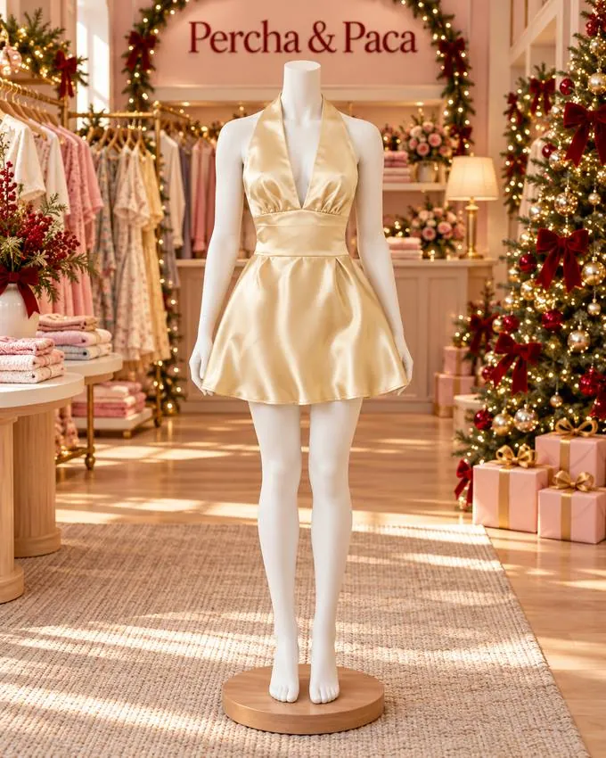 Vestido halter dorado de satín en la vitrina de Percha & Paca