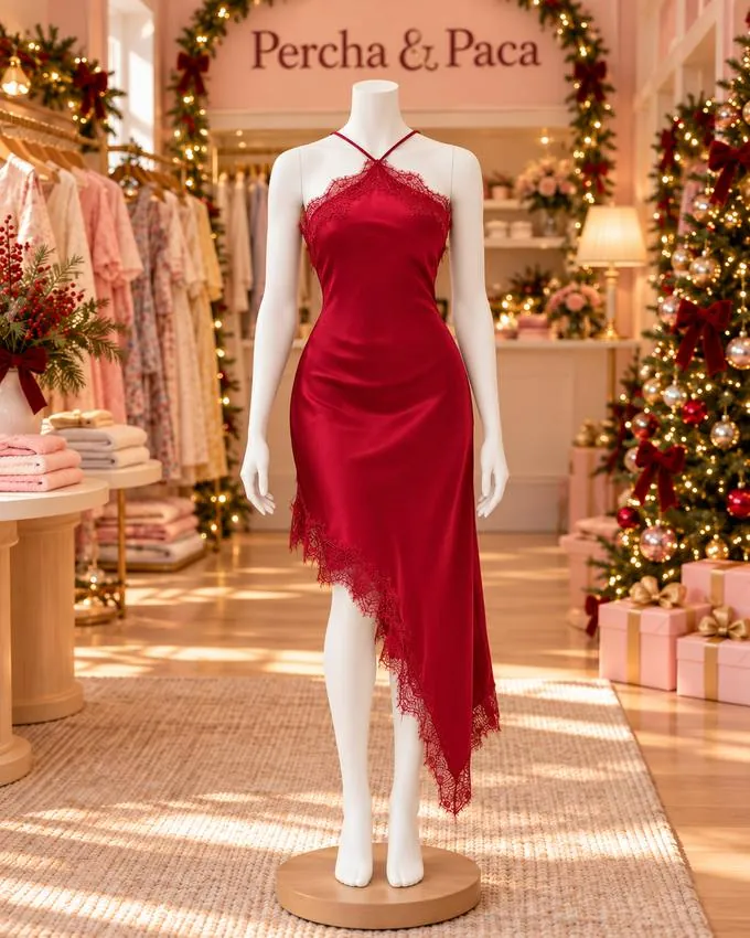 Vestido de satín rojo asimétrico con encaje en la vitrina de Percha & Paca