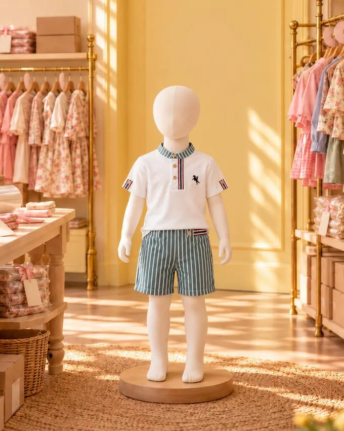 Polo de caballito y short a rayas en la vitrina de Percha & Paca