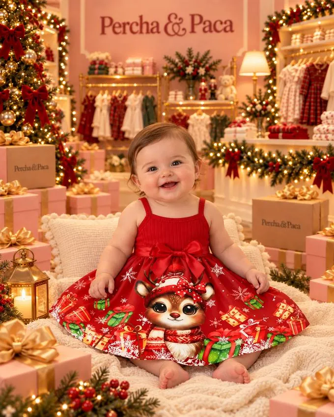 Vestido de renita con regalos en la vitrina de Percha & Paca