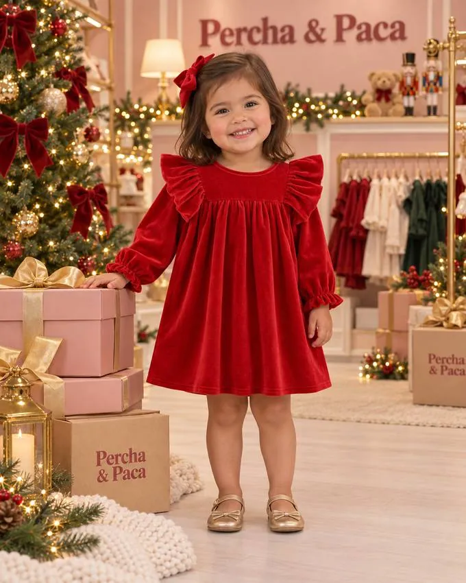 Vestido rojo de terciopelo en la vitrina de Percha & Paca