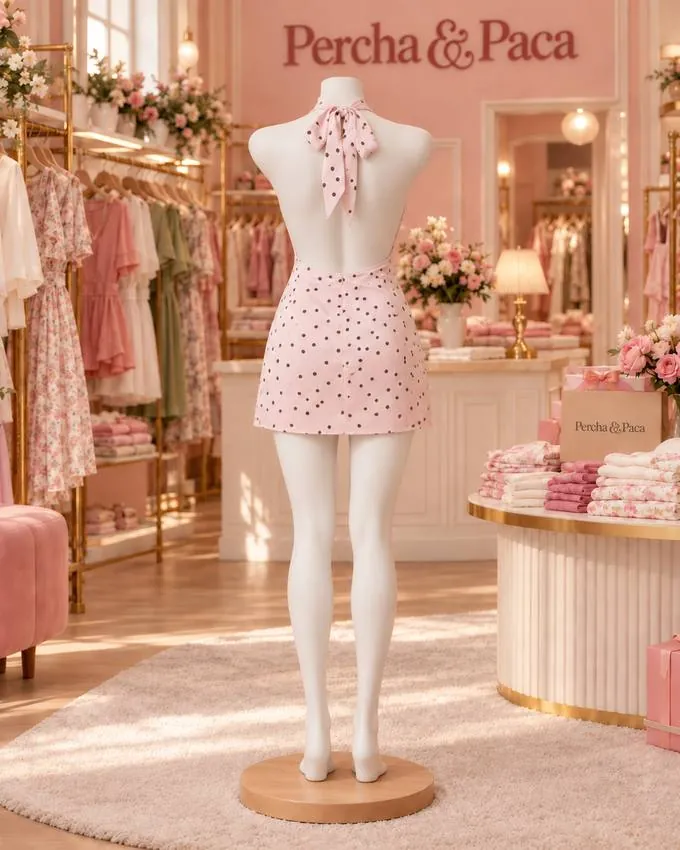 Vestido rosa de lunares con espalda descubierta, espalda en la vitrina de Percha & Paca