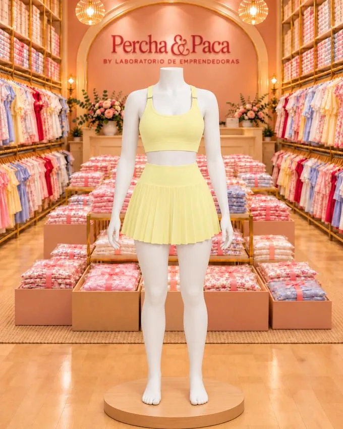 Set amarillo de top y falda plisada, frente en la vitrina de Percha & Paca