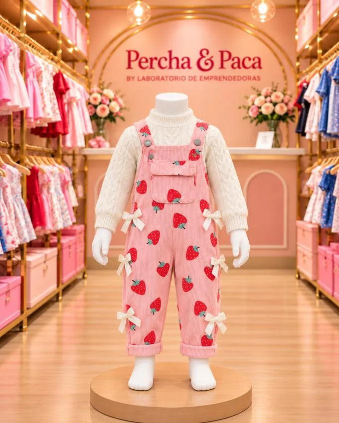 Corduroy rosado con fresas y lacitos en la vitrina de Percha & Paca