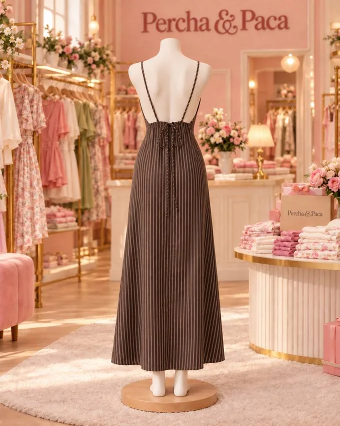 Vestido largo chocolate a rayas, espalda en la vitrina de Percha & Paca