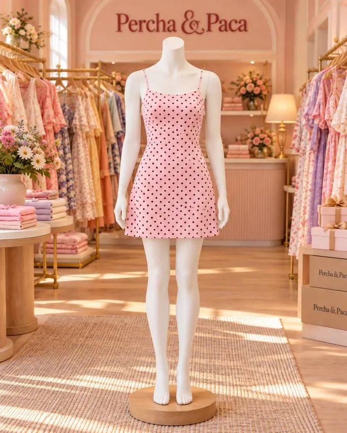 Vestido rosa de lunares con tiritas, frente en la vitrina de Percha & Paca