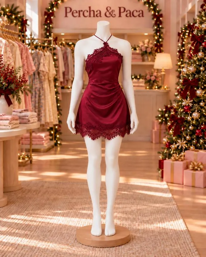 Vestido de satín vino con encaje y escote halter en la vitrina de Percha & Paca