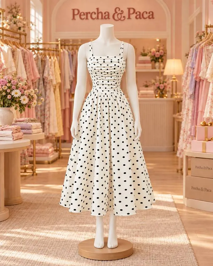 Vestido midi blanco de lunares en la vitrina de Percha & Paca