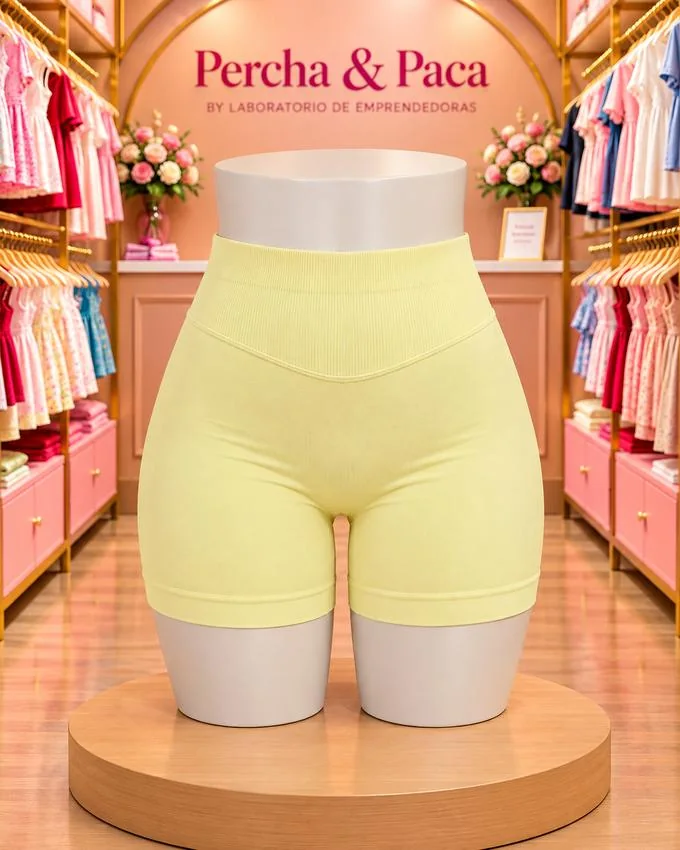 Short ciclista amarillo, frente en la vitrina de Percha & Paca