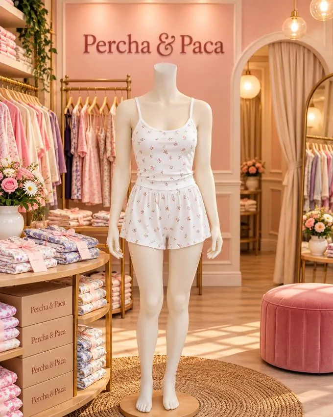 Set blanco con florcitas en la vitrina de Percha & Paca