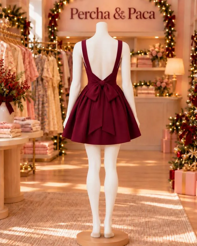 Vestido vino con lazo en la espalda, espalda en la vitrina de Percha & Paca