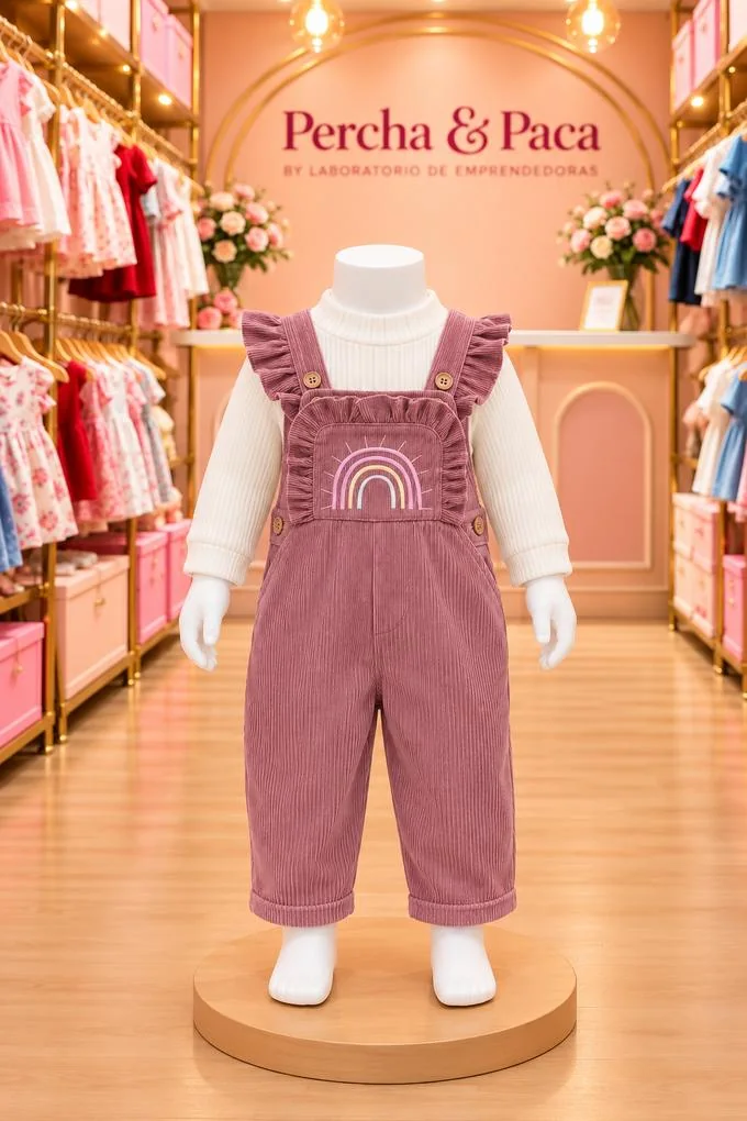Corduroy palo rosa con arcoíris en la vitrina de Percha & Paca