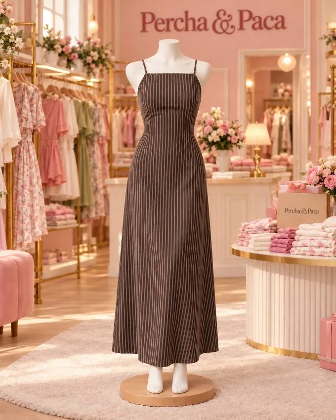 Vestido largo chocolate a rayas, frente en la vitrina de Percha & Paca