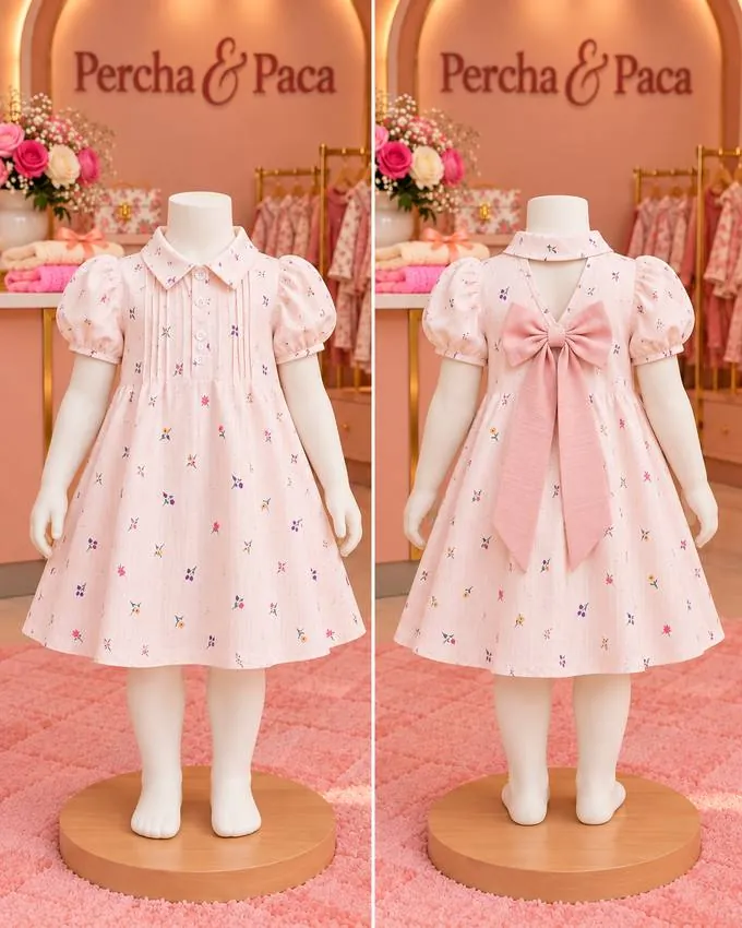 Vestido rosado de florecitas con lazo atrás en la vitrina de Percha & Paca