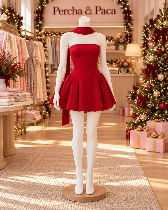 Vestido strapless rojo con bufanda en la vitrina de Percha & Paca