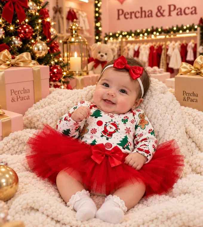 Body navideño con tutú y vincha en la vitrina de Percha & Paca