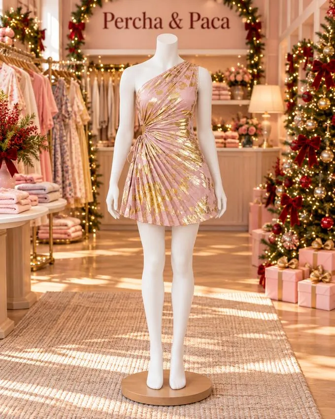 Vestido plisado rosa y dorado de un hombro en la vitrina de Percha & Paca