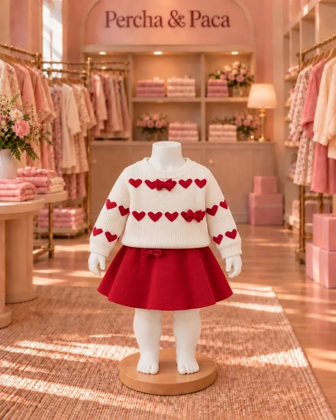 Set chompa de corazones con falda roja en la vitrina de Percha & Paca