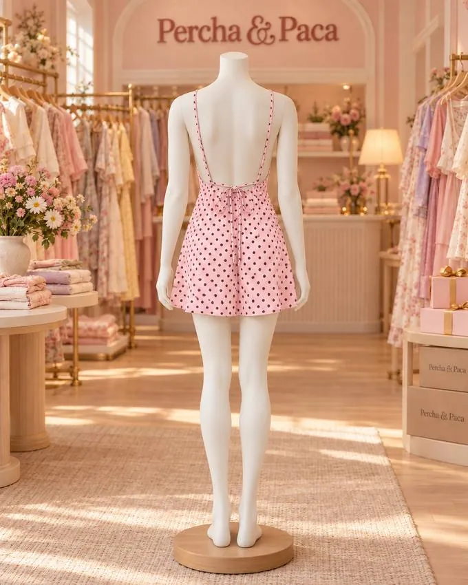 Vestido rosa de lunares con tiritas, espalda en la vitrina de Percha & Paca
