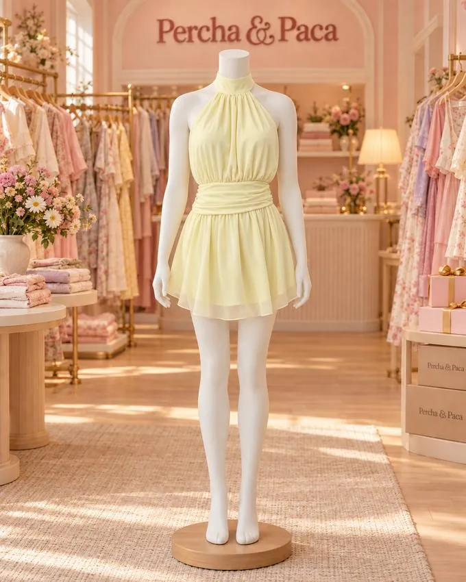 Vestido halter amarillo de gasa, frente en la vitrina de Percha & Paca