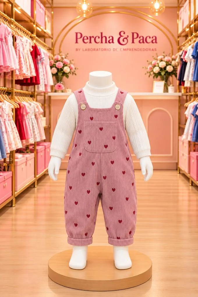 Corduroy rosado con corazoncitos en la vitrina de Percha & Paca