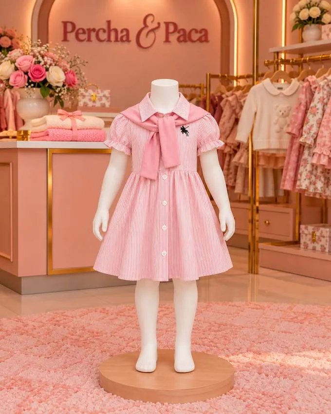 Vestido rosado camisero con lazo en la vitrina de Percha & Paca