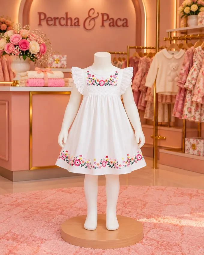 Vestido blanco bordado de flores en la vitrina de Percha & Paca