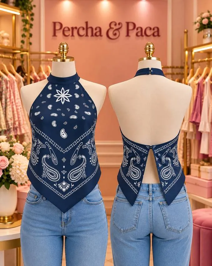 Halter paisley azul marino en la vitrina de Percha & Paca