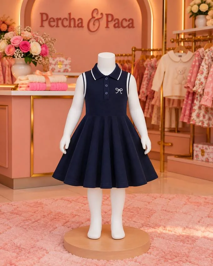 Vestido azul marino tipo polo con vuelo en la vitrina de Percha & Paca