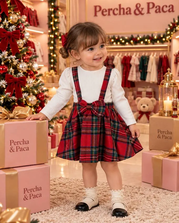 Blusa y falda escocesa con tirantes en la vitrina de Percha & Paca