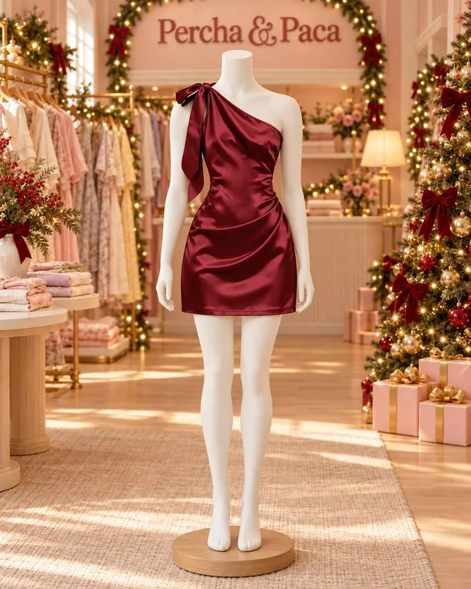 Vestido de satín vino de un hombro con lazo en la vitrina de Percha & Paca