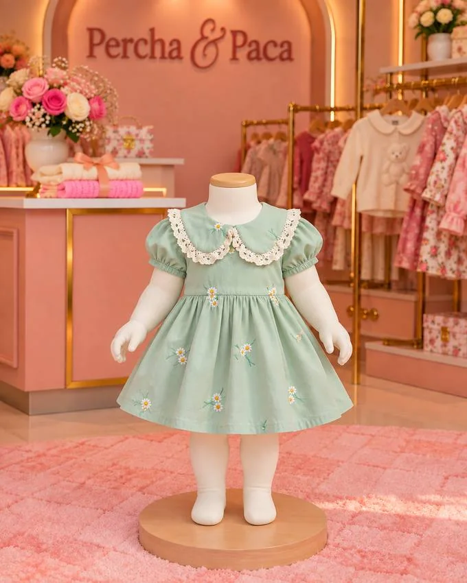Vestido verde con cuello de encaje en la vitrina de Percha & Paca