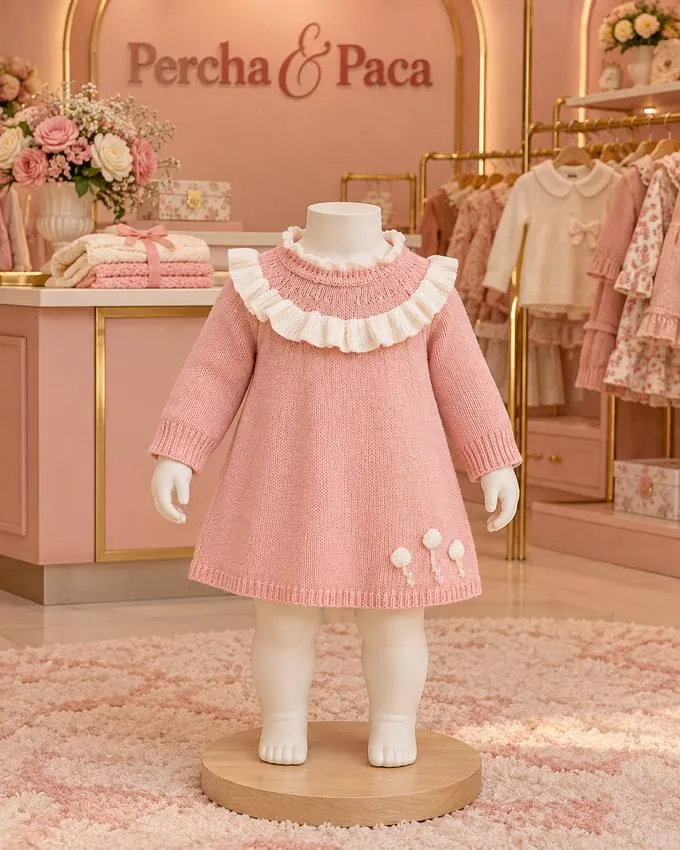 Vestido rosado con cuello de volante y pompones en la vitrina de Percha & Paca