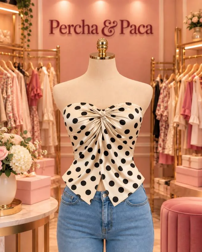 Strapless de lunares con nudo en la vitrina de Percha & Paca