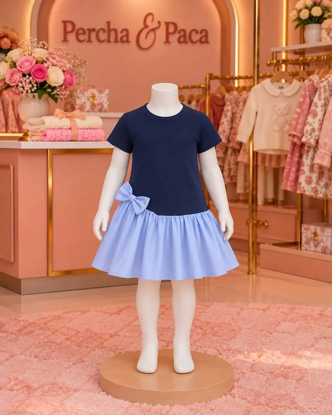 Vestido azul y celeste con lazo al costado en la vitrina de Percha & Paca