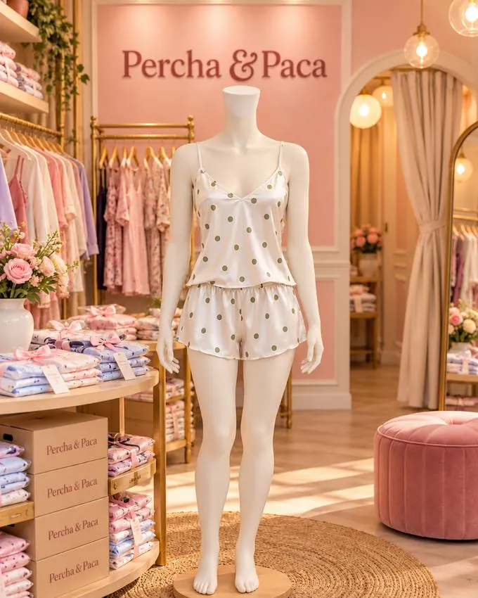 Satín crema con lunares en la vitrina de Percha & Paca